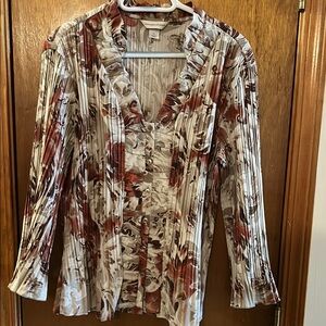 Christopher & Banks White and Red Pleated Ruffled 3/4 Sleeve Blouse